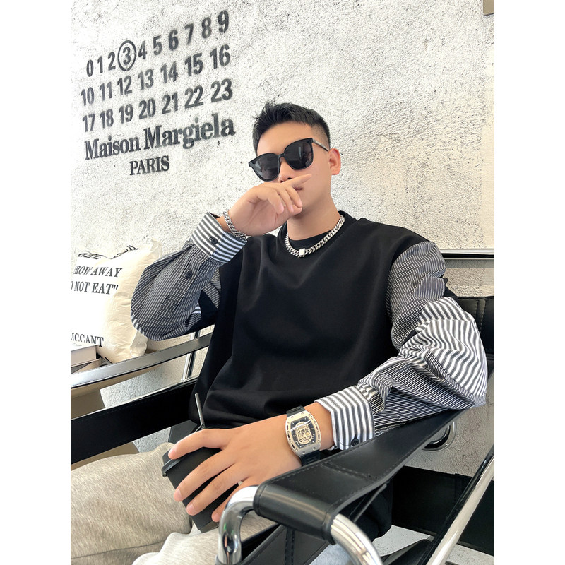 25港风拼接卫衣男春秋新款帅气圆领条纹衬衫袖上衣青年休闲打底衫