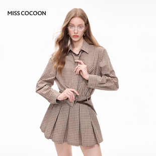 MISSCOCOON咖色格纹衬衫百褶连衣裙可拆领带送腰带学院风春新款