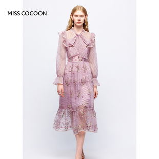 MISSCOCOON植绒波点蕾丝绣花荷叶边连衣裙秋款
