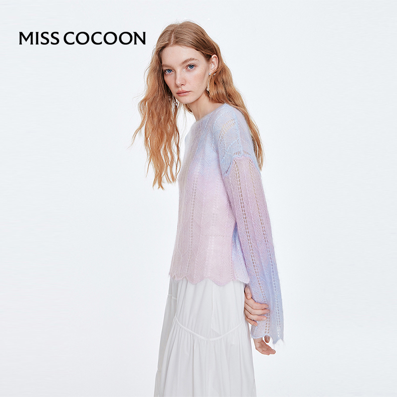 可可尼cocoon浪漫渐变马海毛波浪边慵懒风针织衫镂空罩衫春新款