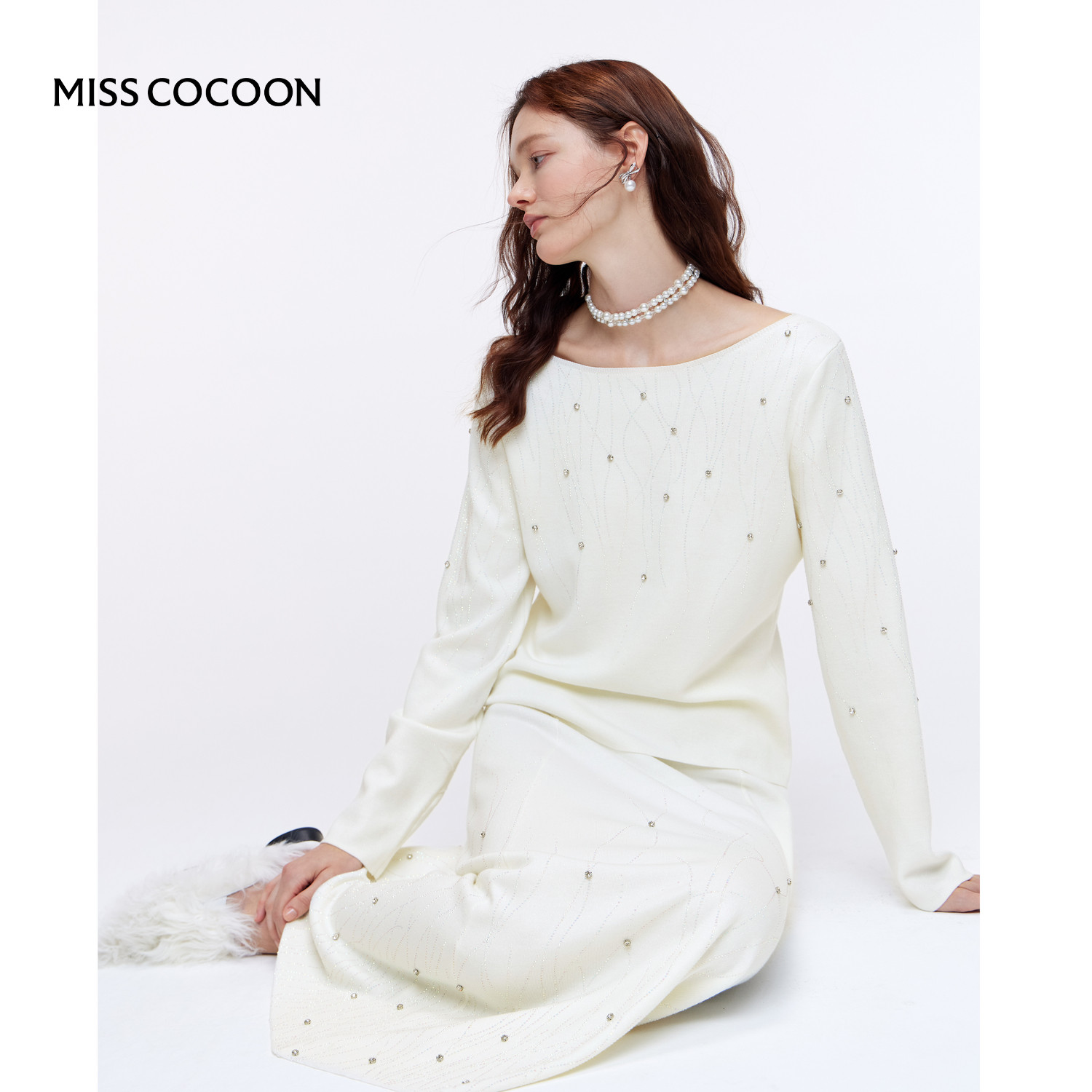 MISSCOCOON千金风烫钻桑蚕丝羊毛针织套装一字领上衣伞裙25冬新款,女装/女士精品,时尚套装,淘宝优惠券,粉丝福利购,淘宝优惠卷