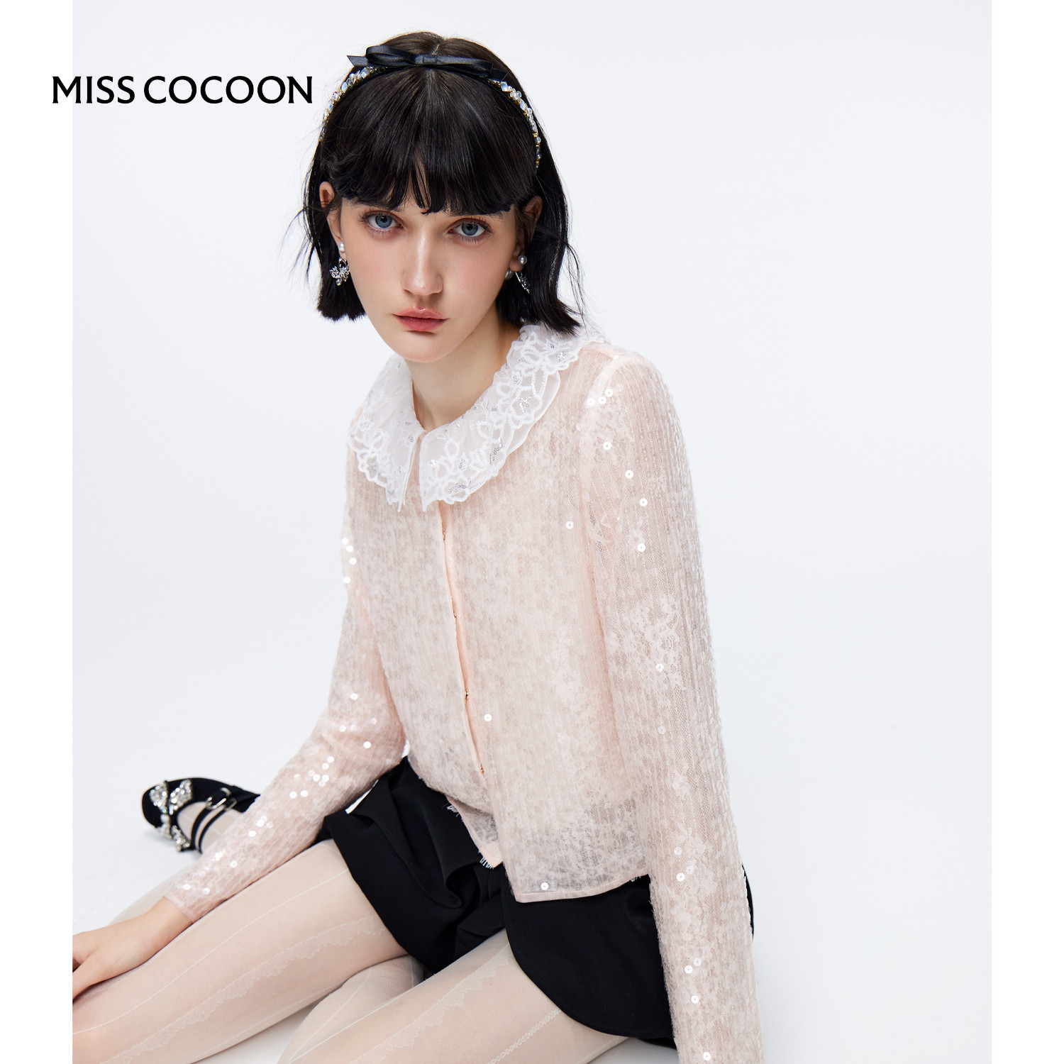 MISSCOCOON千金风粉橘色亮片蕾丝衫绣花娃娃领送吊带内搭春新款