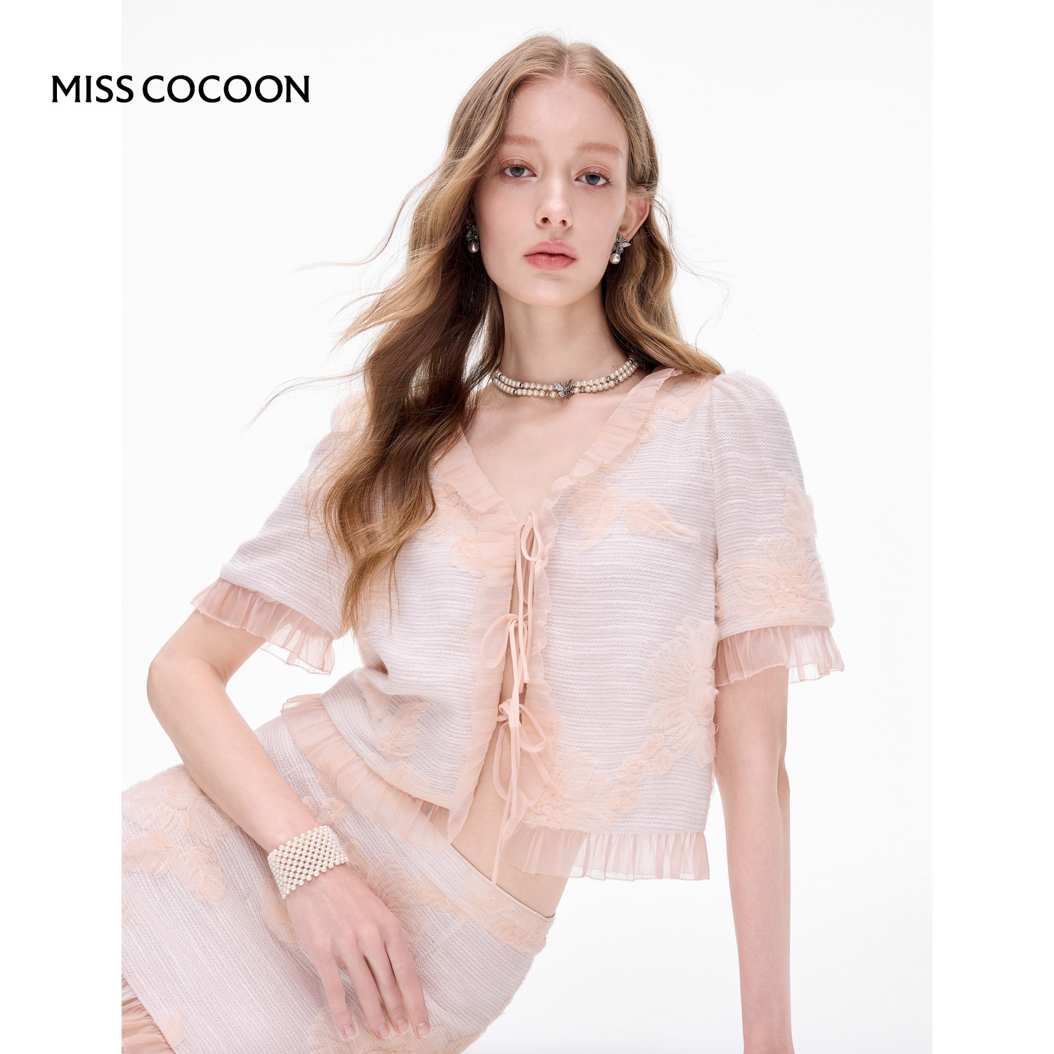 MISSCOCOON粉色千金小香风套装盘带绣花花边外套半裙春新款