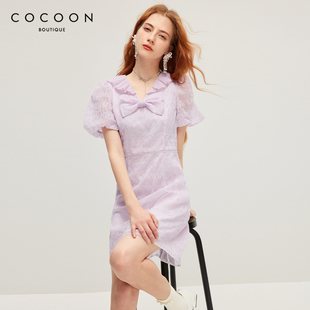 COCOON梦幻紫连衣裙夏款 绣花V领压褶木耳领裙子 miss