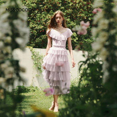 MISSCOCOON鸢尾紫薄雾流纱荷叶领连衣裙针织拼接蛋糕裙25夏新款