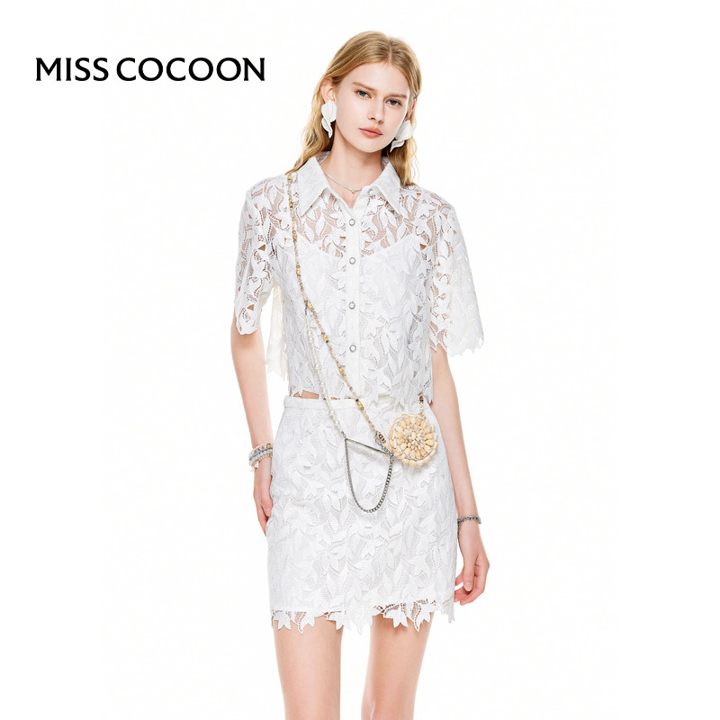 MISSCOCOON定位花边蕾丝套装衬衫领箱型上衣短裙夏款