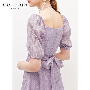 蝴蝶结腰带微光紫裙子 方领泡泡袖 连衣裙夏款 missCOCOON法式