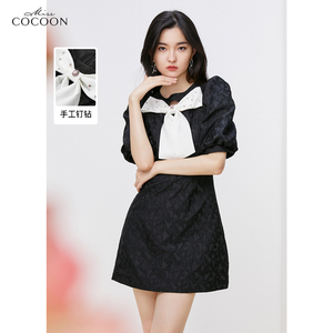 可可尼cocoon法式连衣裙蝴蝶提花撞色肌理感公主裙夏款