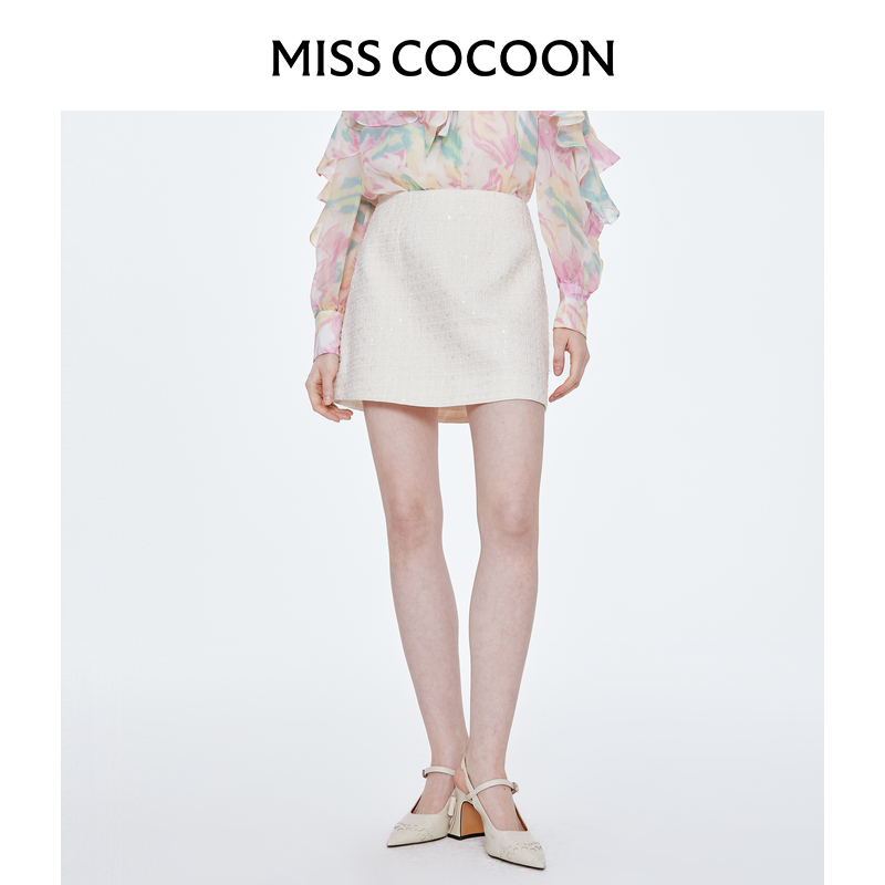 MISSCOCOON网纱珠片小香风高腰半裙百搭白色秋款