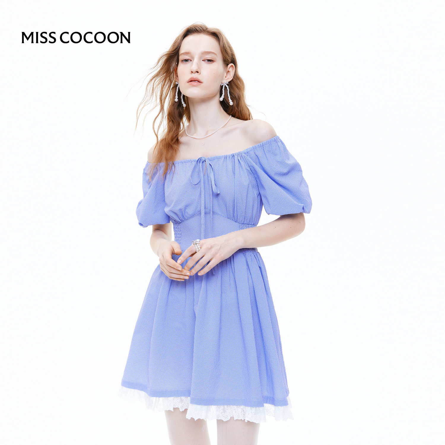 MISSCOCOON法式云朵泡泡袖连衣裙miu系格纹蓝色收腰裙25夏新款