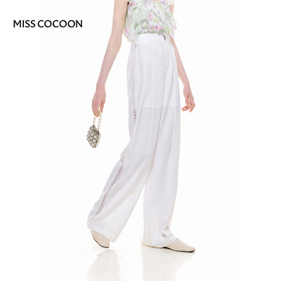 MISSCOCOON侧缝镂空花边白色直筒休闲裤微肌理百搭长裤夏新款