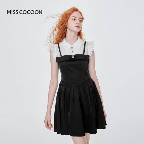 MISSCOCOON维多利亚小黑裙复古西装领缎面假两件连衣裙夏新款