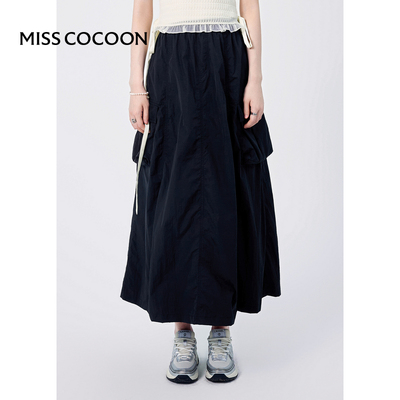 MISSCOCOON黑色褶皱肌理感伞裙立体风琴褶口袋半身裙