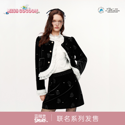 MISSCOCOON蓝精灵联名黑色丝绒香风套装蕾丝拼接外套短裙25冬新款