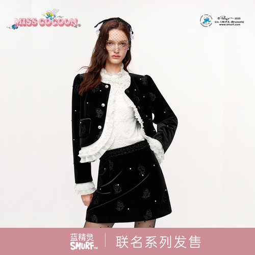 MISSCOCOON蓝精灵联名黑色丝绒香风套装蕾丝拼接外套短裙25冬新款