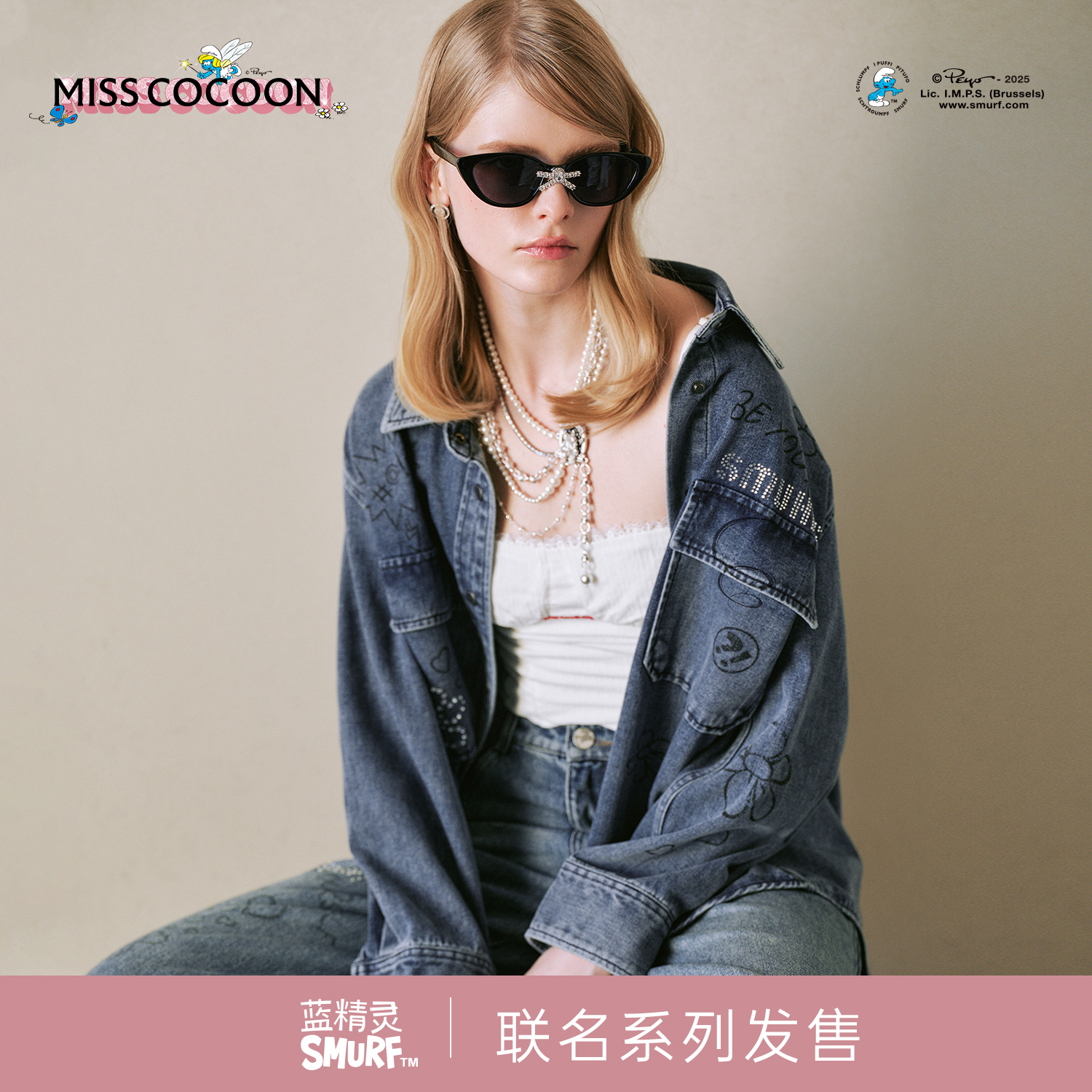 MISSCOCOON蓝精灵联名涂鸦烫钻牛仔外套宽松巴恩风衬衫25秋新款