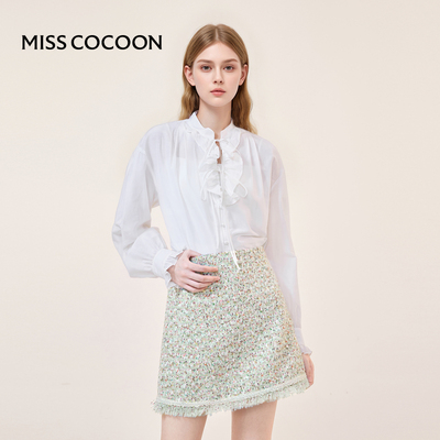 MISSCOCOON复古花边v领泡泡袖真丝衬衫秋款