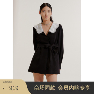 COCOON商场同款 蕾丝领绵羊毛毛呢连衣裙秋冬 法式