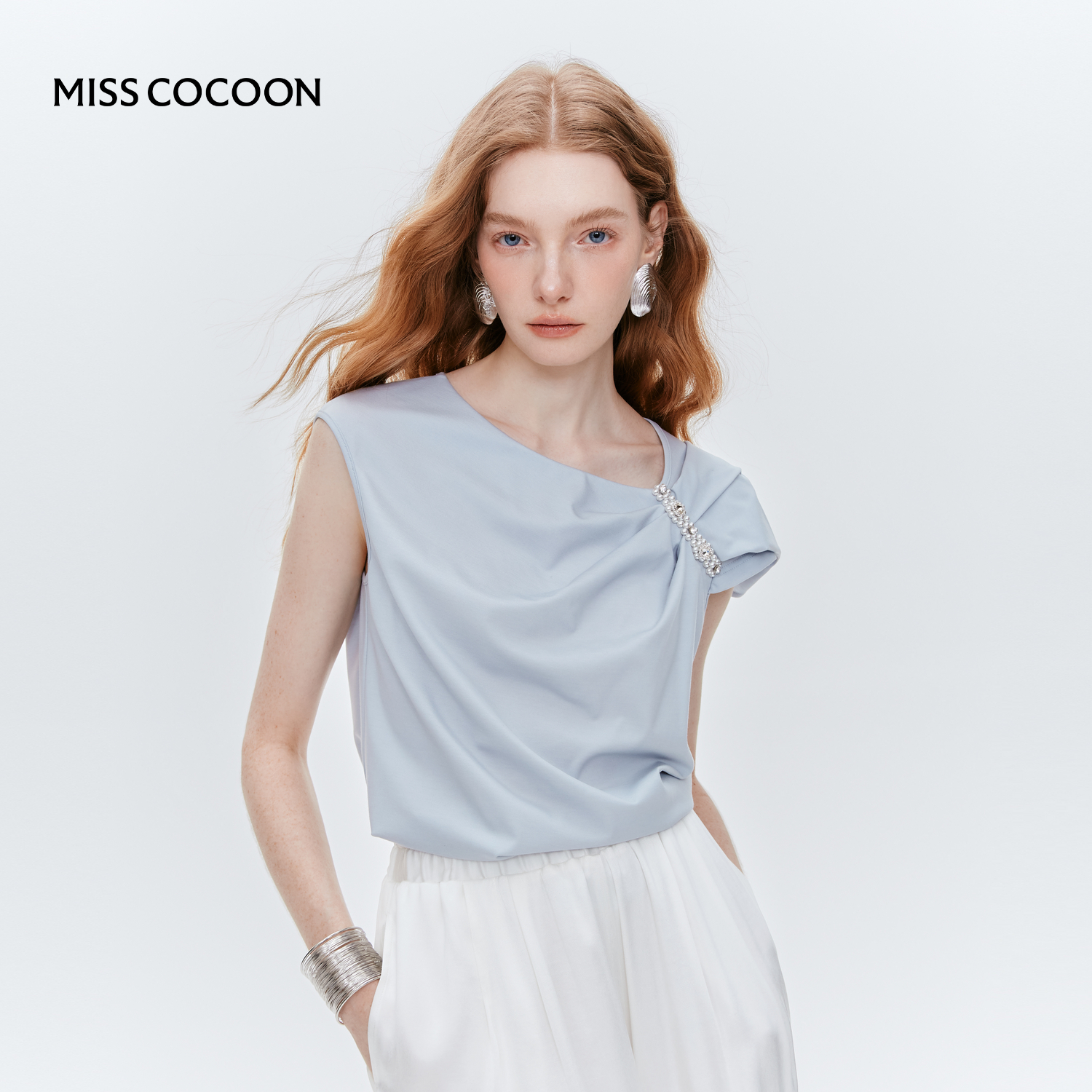 MISSCOCOON设计感知性蓝色斜肩上衣短袖t恤25夏新款