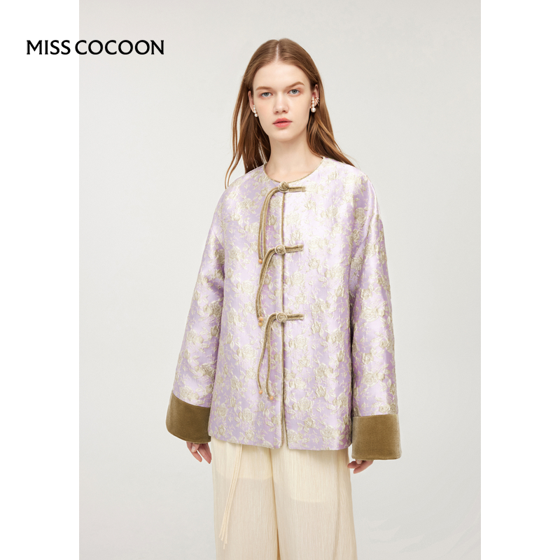 MISSCOCOON新中式浮雕提花丝绒拼接外套流苏盘扣高级灰紫色秋冬款
