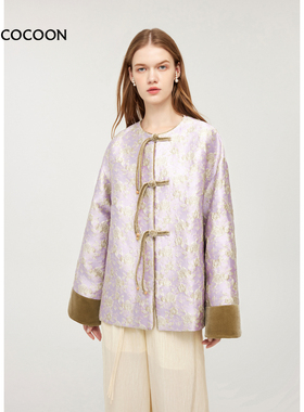 MISSCOCOON新中式浮雕提花丝绒拼接外套流苏盘扣高级灰紫色秋冬款