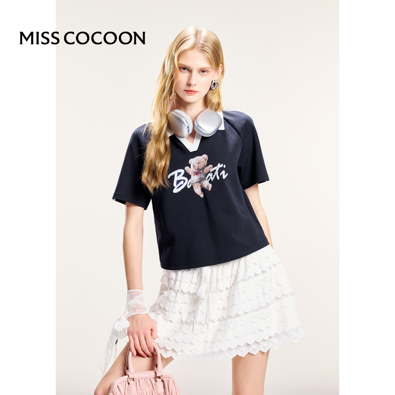 MISSCOCOON小熊印花Polo领T恤高支棉混纺藏青色学院风秋款