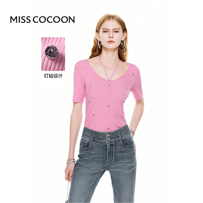 MISSCOCOON手工钉钻玫粉色短袖针织T恤夏款