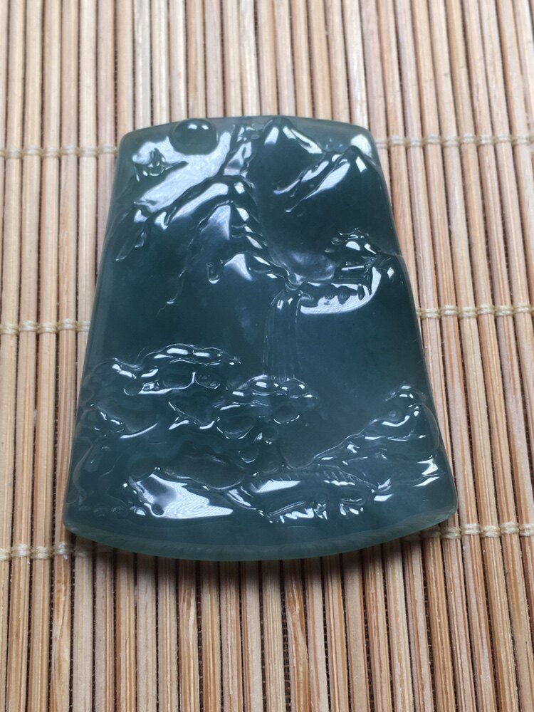 糯冰种蓝水山水牌吊坠翡翠a货证书玉石实拍手工雕刻广东四会