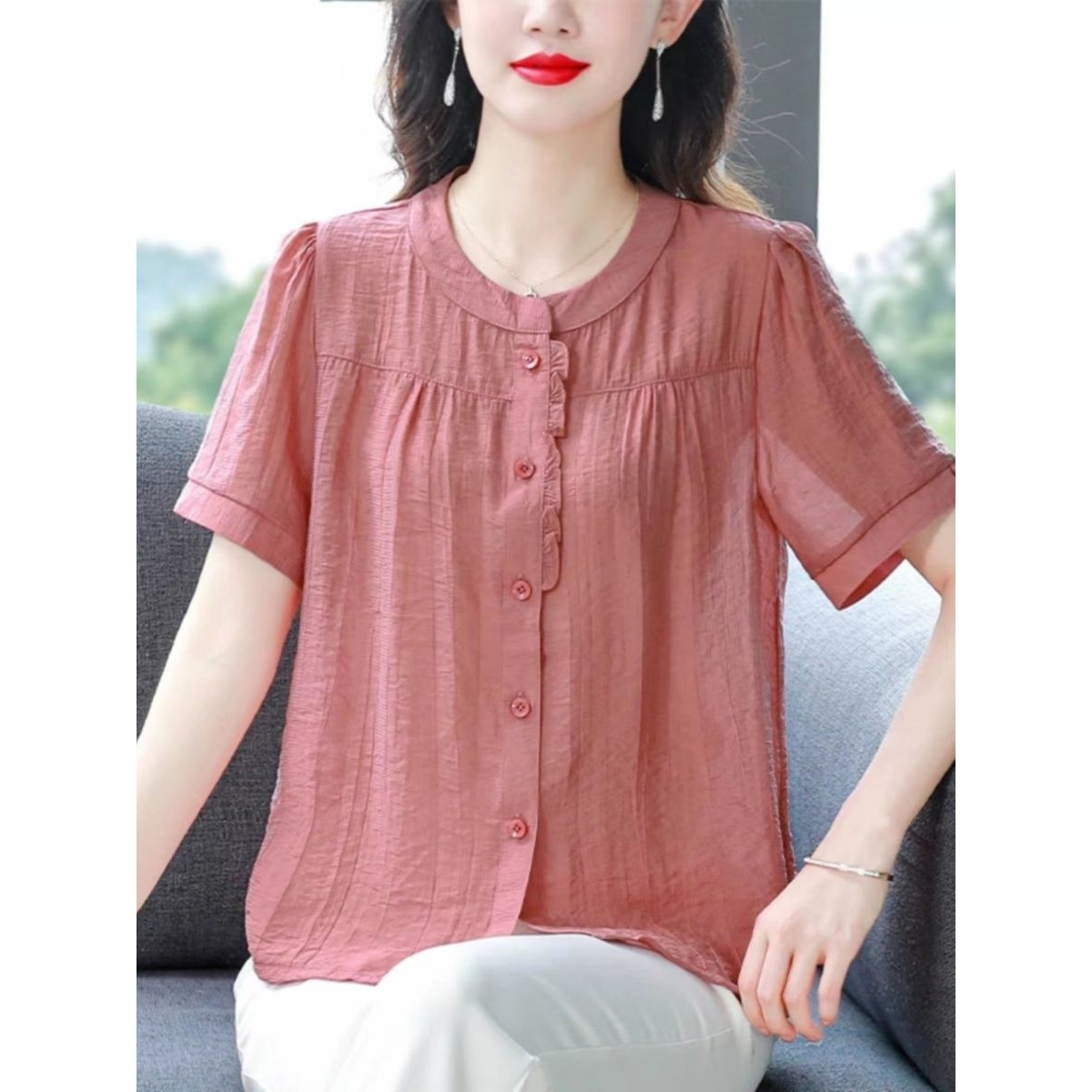 短袖女士衬衫女夏季2025新款棉麻洋气妈妈夏装小衫宽松遮肚子上衣