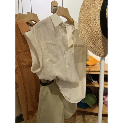 大码女装2024新款夏季宽松设计感小众无袖衬衫女微胖法式轻熟上衣