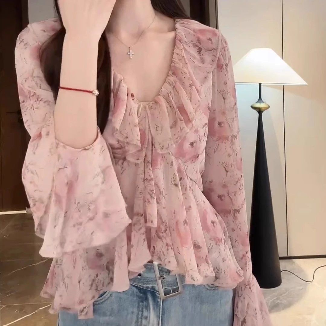 大码女2025年新款夏新款减龄V领粉色百搭碎花气质女装雪纺衬衣潮