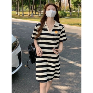女装 T恤连衣裙小个子夏季 大码 短袖 胖mm遮肚条纹上衣 中长款 polo衫