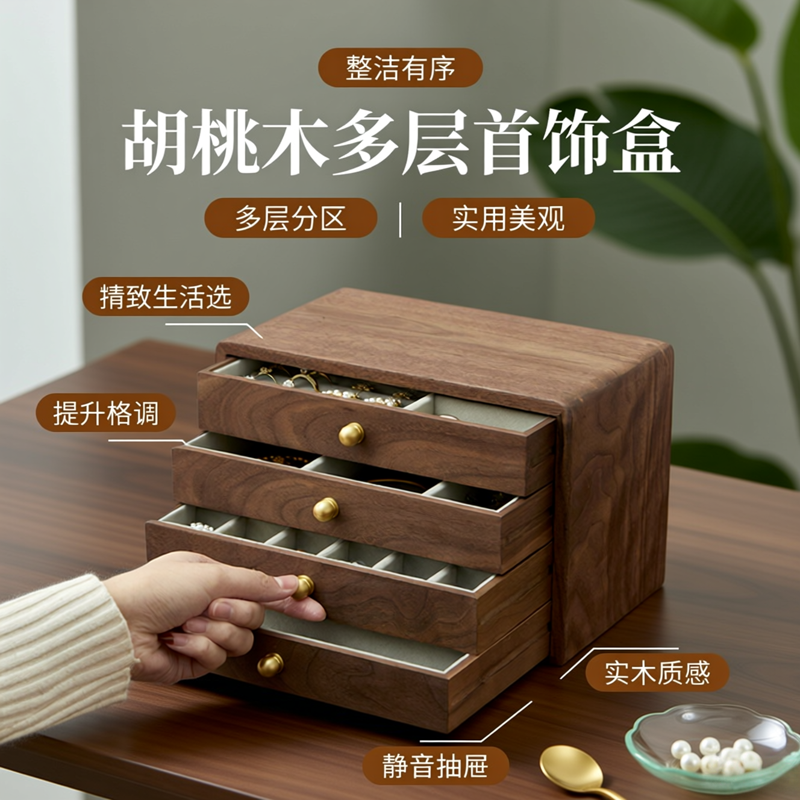 胡桃木多层抽屉式防尘首饰盒高档