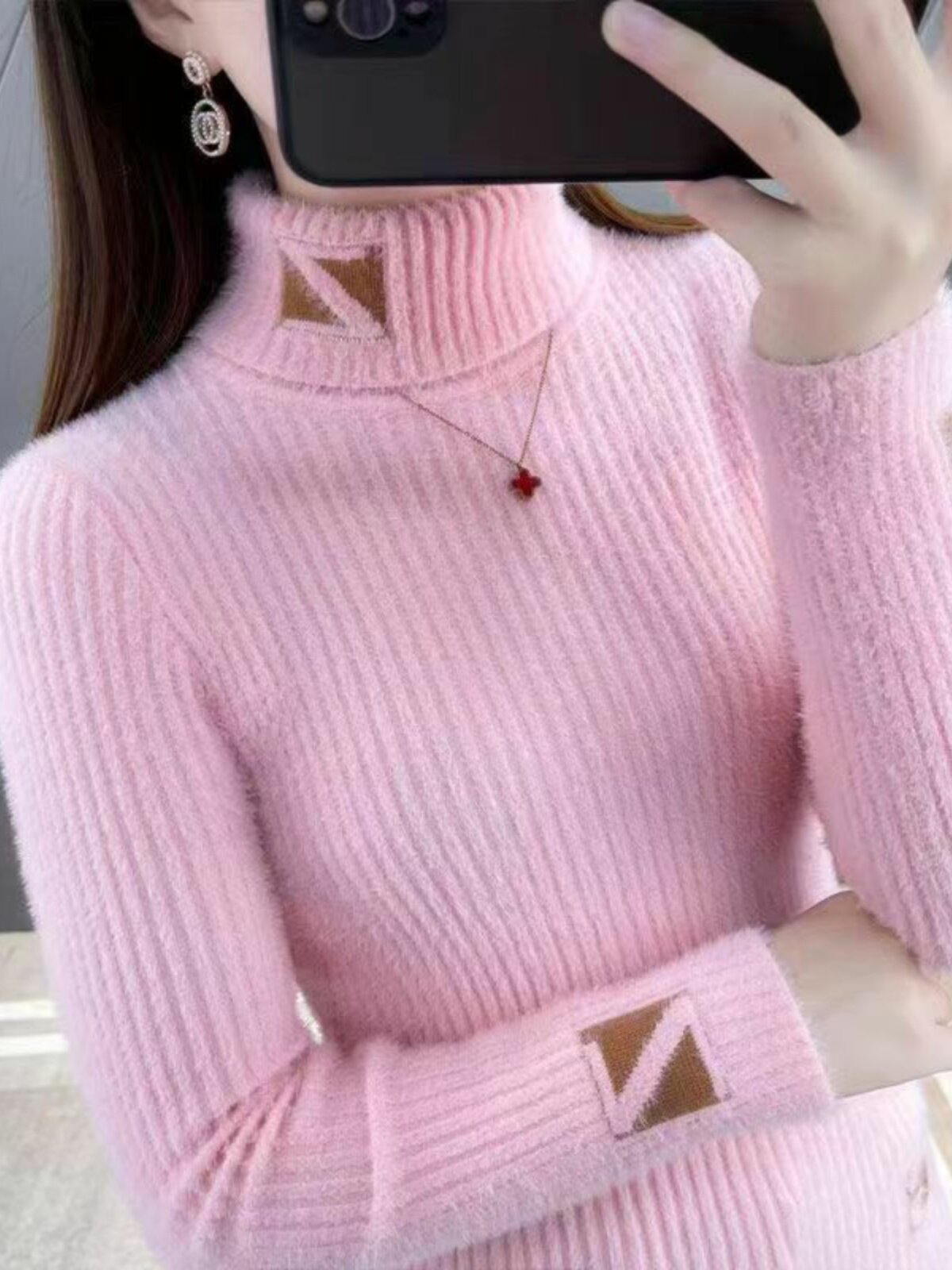 여성을 위한 모조 새 스타일 자카드 꽉 끼는 내부 더블 레이어 칼라 하이넥 니트 바닥 스웨터 세련되고 패셔너블