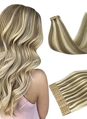 DOORES Human Hair Tape in Hair Extensions， Light Brown Hi