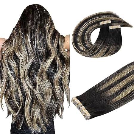DOORES Human Hair Extensions Tape in， Balayage Natural Bl