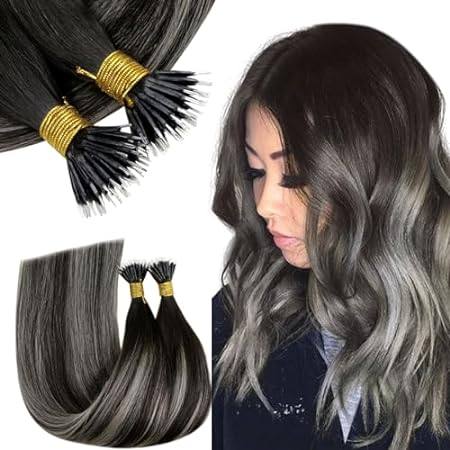 RUNATURE Nano Human Hair Extensions Black Ombre Silver Bl
