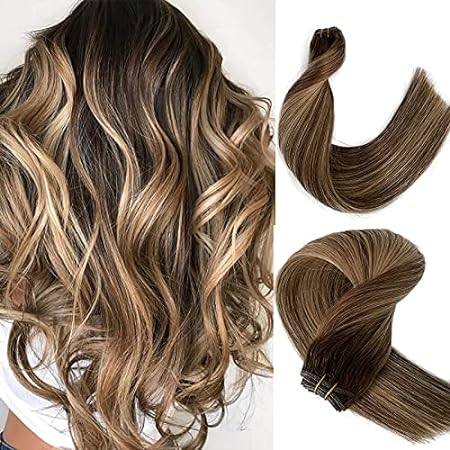 Human Hair Weft Sew in Hair Extensions Brown with Blonde