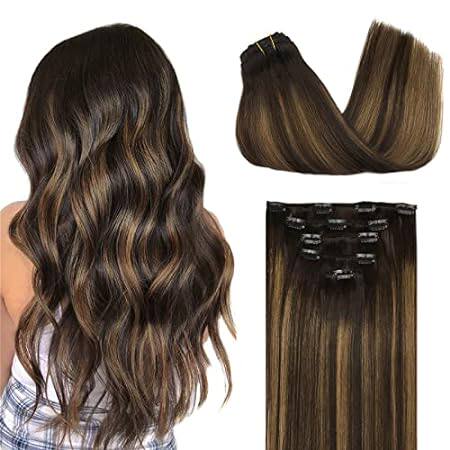 DOORES Human Hair Extensions Clip in， 5pcs 75g 14 Inch Ba