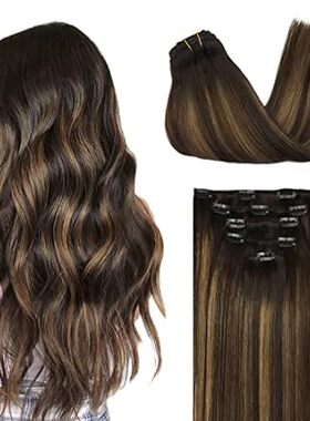 DOORES Human Hair Extensions Clip in， 5pcs 75g 14 Inch Ba