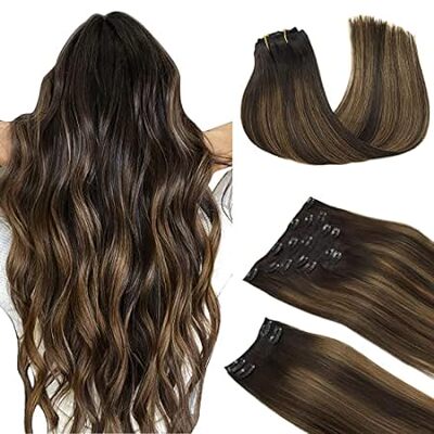 DOORES Human Hair Clip in Extensions， Balayage Dark Brown