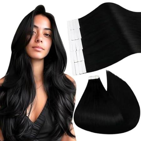 Ugeat Tape in Hair Extensions Human Hair Black Tape in Hu