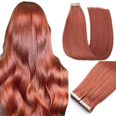 Human Hair Extensions Tape in， 24 Inch 20pcs Copper Real