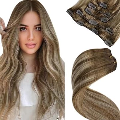 LaaVoo Clip in Hair Extensions Human Hair Light Brown Bal
