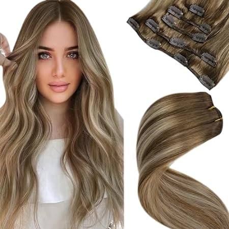 LaaVoo Clip in Hair Extensions Human Hair Light Brown Bal