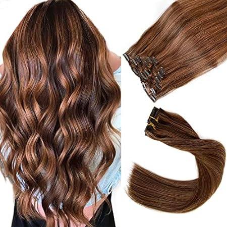 Remy Human Hair Clip in Extensions， Chocolate Brown Mixed