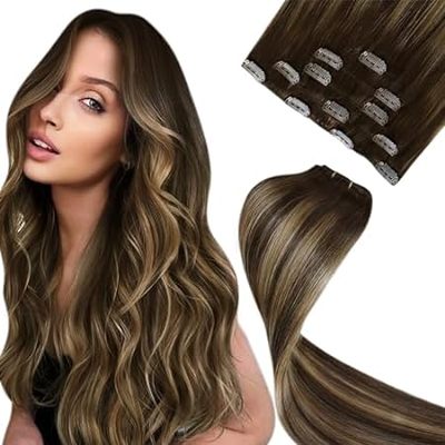 LaaVoo Human Hair Clip in Extensions Brown Balayage Caram