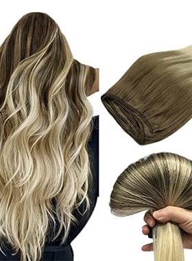 DOORES Weft Hair Extensions Human Hair， Ash Brown to Plat