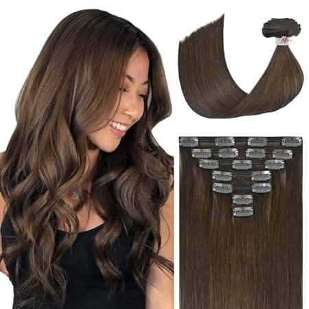 Hair Extensions Real Human Hair Clip ins， Medium Brown Ha
