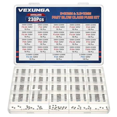 VEXUNGA 23Values 230pcs 125V Glass Fuses Kit 0.5A 1A 1.25